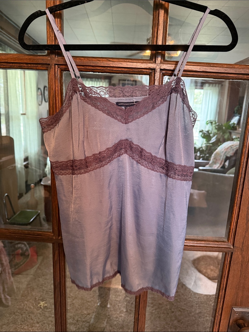 American Eagle Lace Trim Satin Camisole Dusty Blue Large Y2K Fairycore Coquette